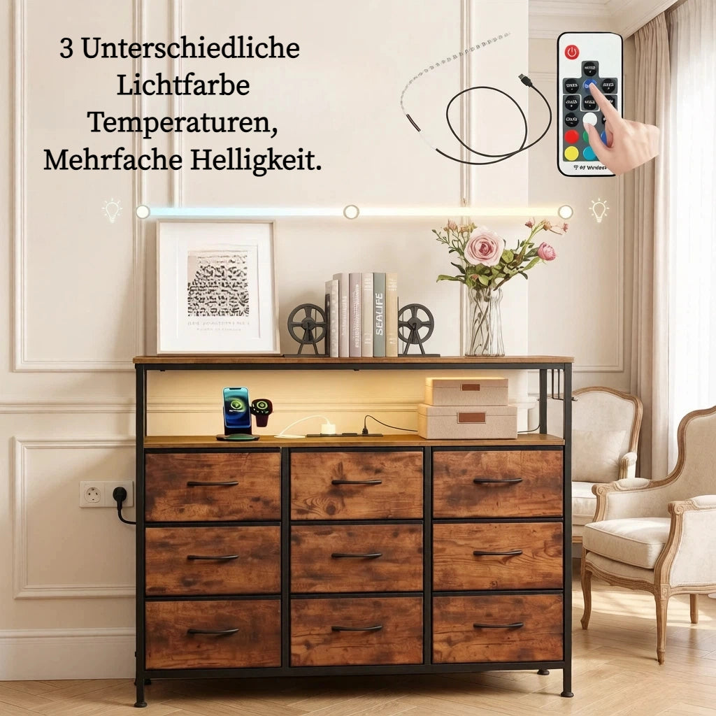 Mobile contenitore con 9 cassetti 2 ripiani presa multipla LED 110 × 85 × 30 cm marrone rustico e nero