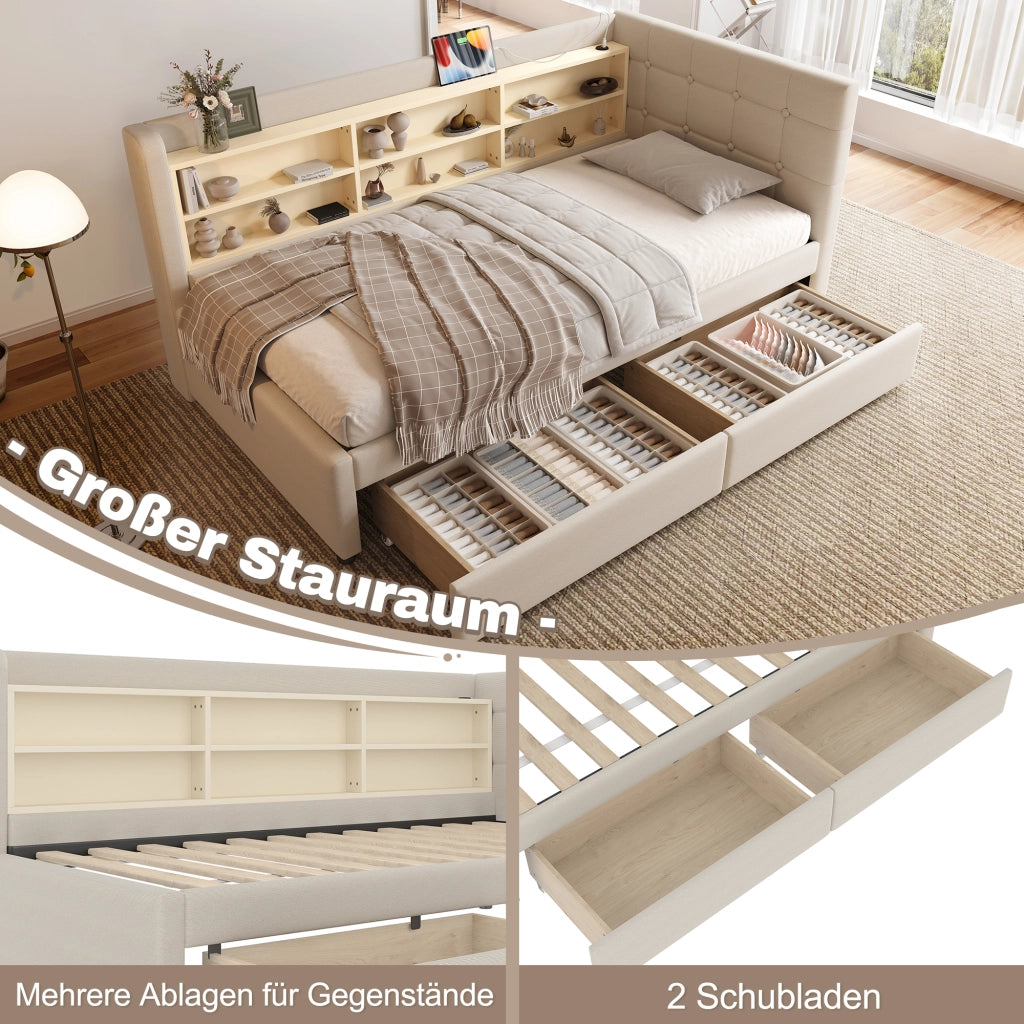 Letto con cassetti 90 × 200 cm con testiera a bottoni; prese USB e Type-C; ripiani; lino e MDF beige