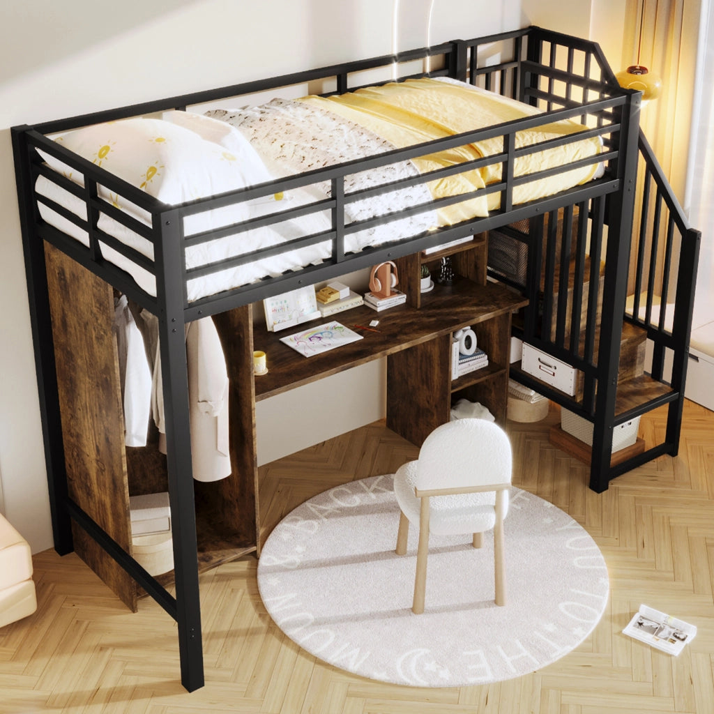 Letto a soppalco 90x200 cm nero con scrivania e armadio