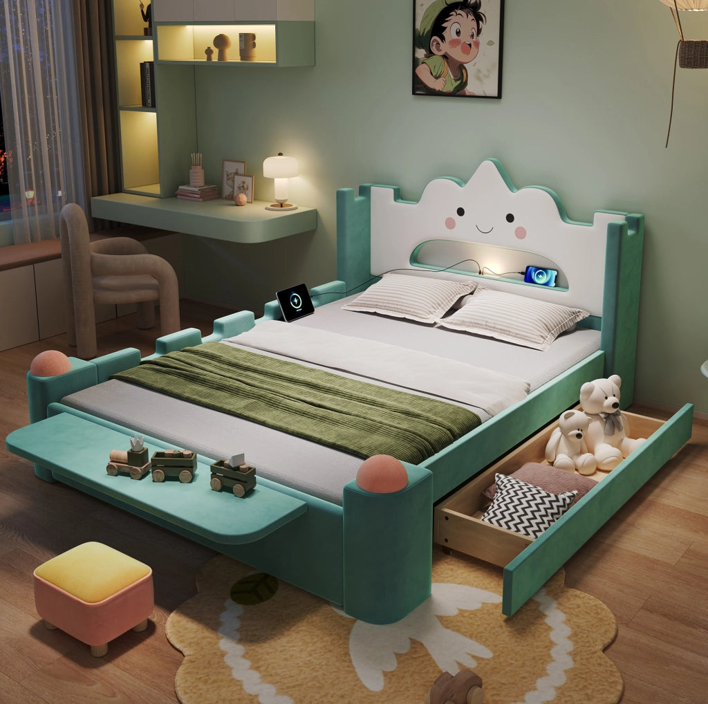 Letto imbottito per bambini 140x200 cm con cassetto; USB e lampada LED; blu-verde