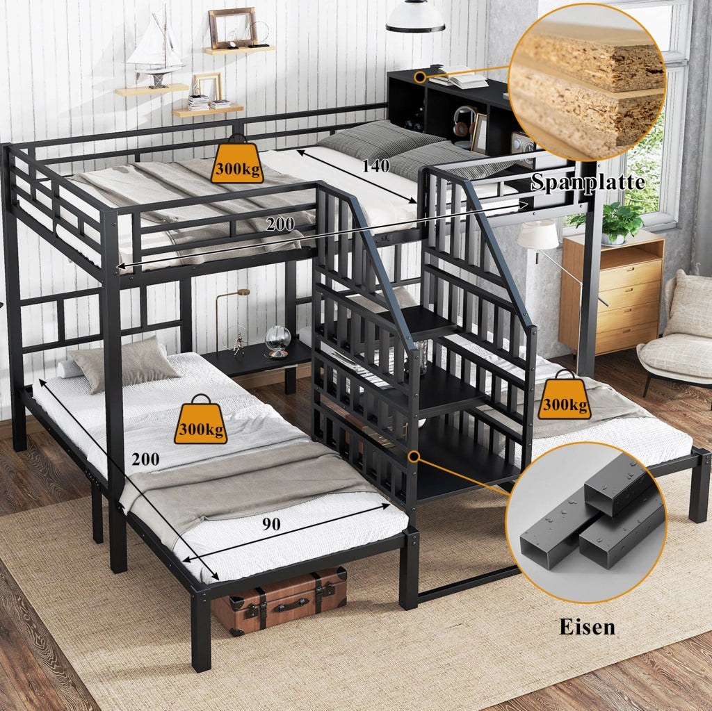 Letto a castello 3 posti 90x200 e 140x200 cm con scala e contenitore; nero