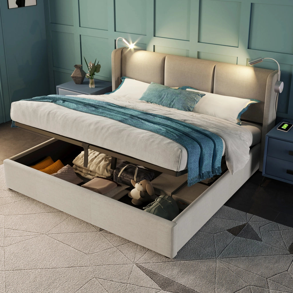Letto matrimoniale 140x200 beige con contenitore