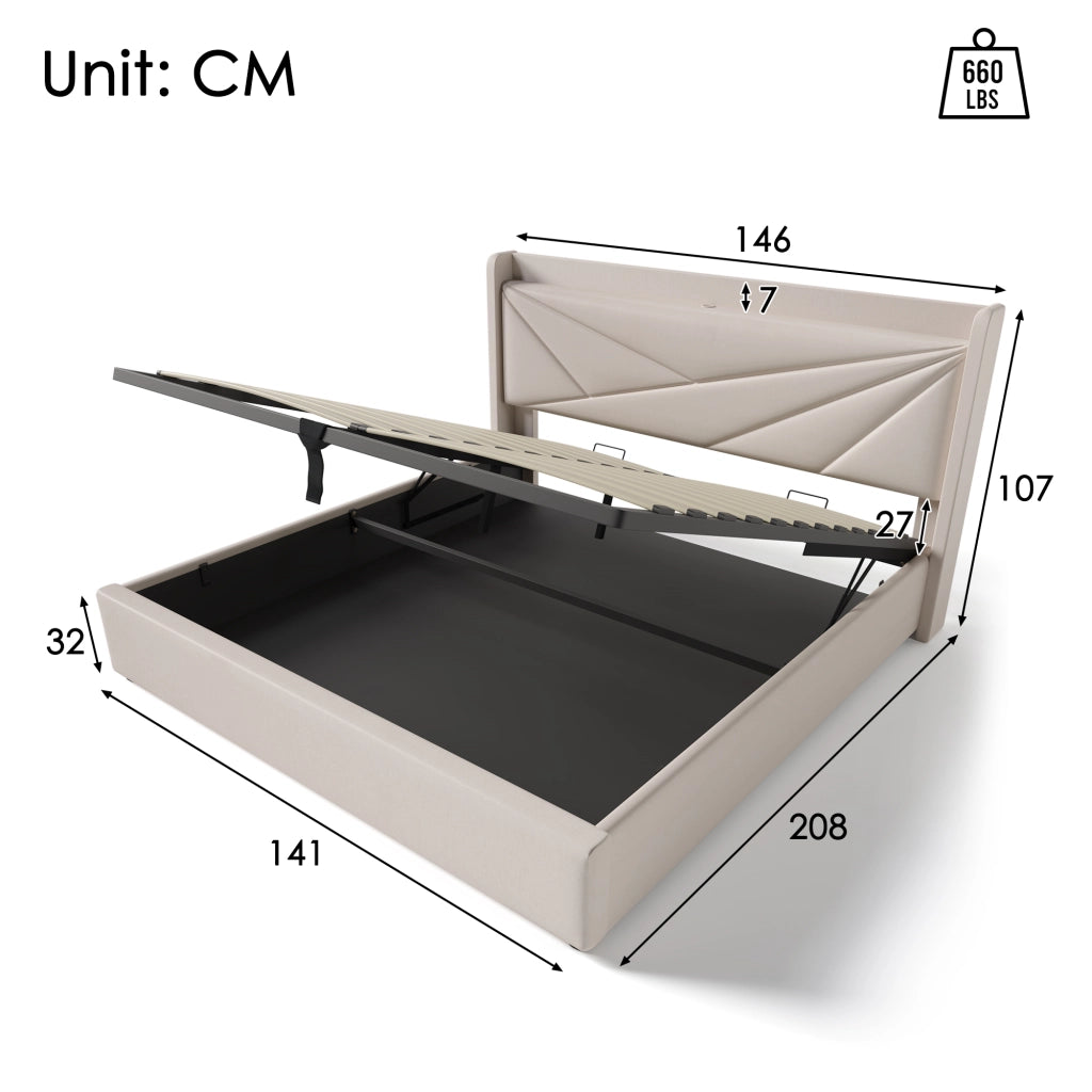 Letto matrimoniale contenitore 140x200 beige con testiera USB e Tipo-C