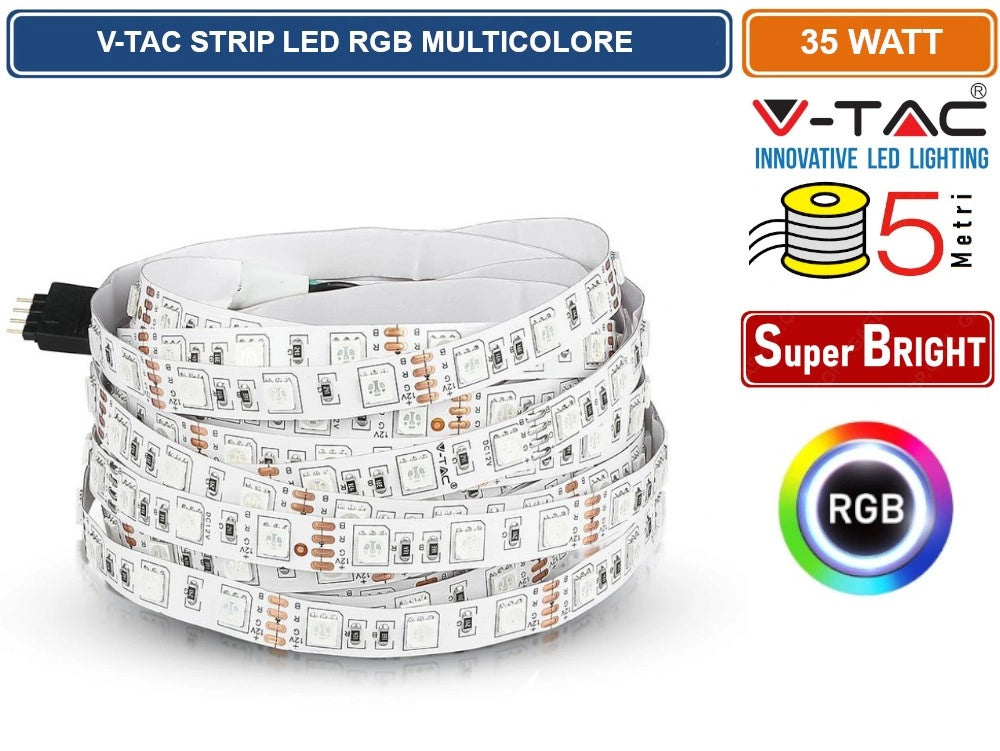V-TAC VT-5050-60 STRISCIA LED FLESSIBILE 35W SMD RGB 60 LED/METRO 12V - BOBINA DA 5 METRI - SKU 212120