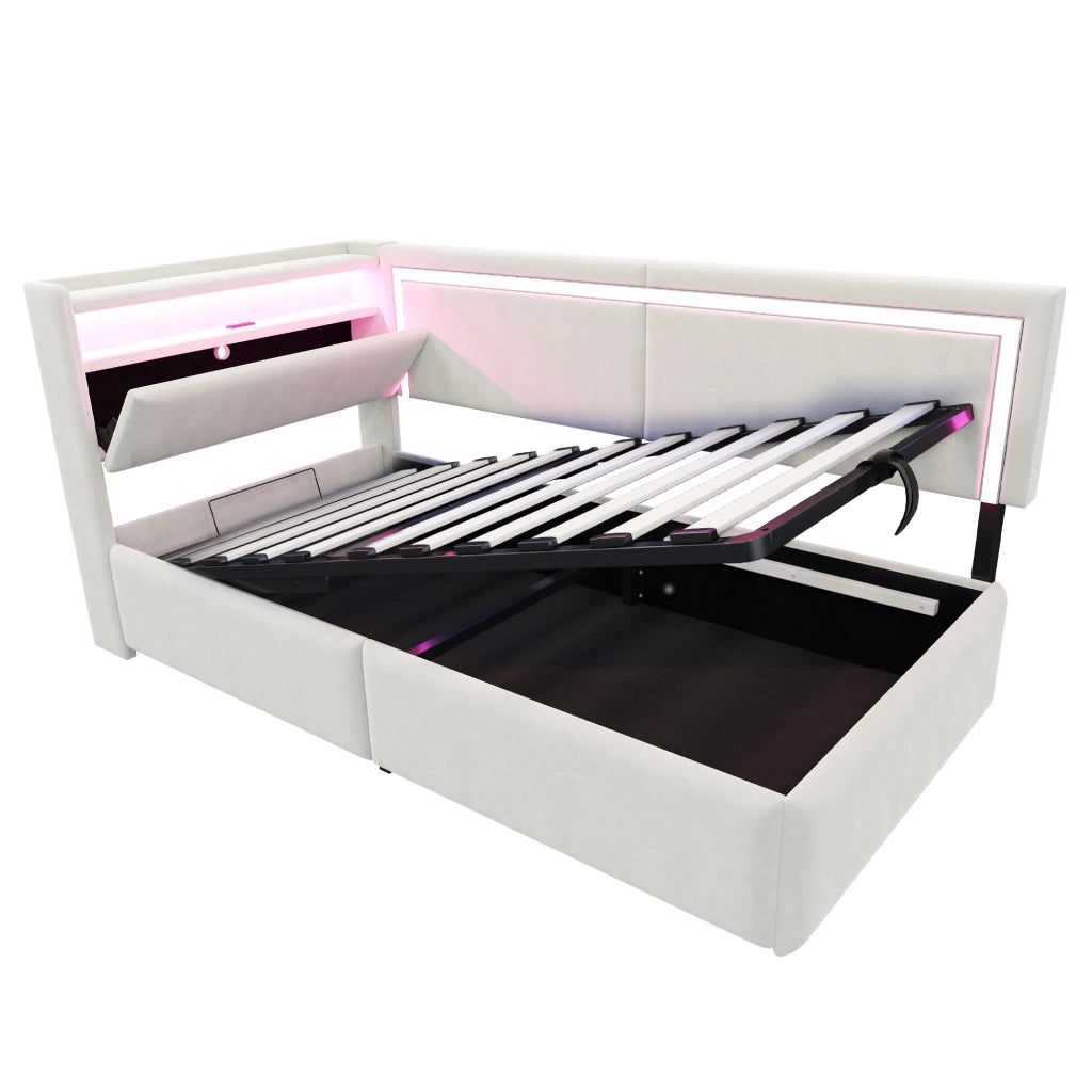 Letto singolo imbottito 90 × 200 cm con contenitore LED USB in velluto beige e testiera con ripiani
