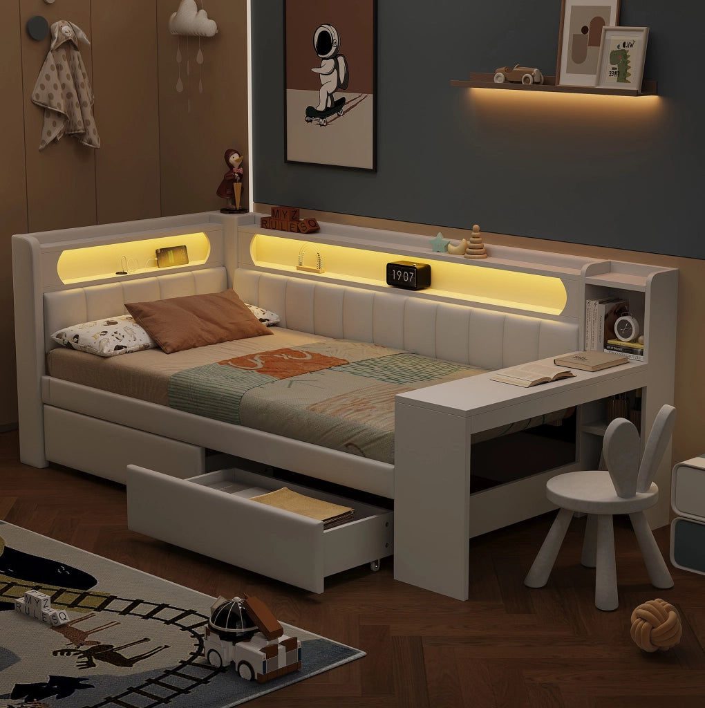 Letto singolo 90x200 cm con scrivania; 2 cassetti; LED e USB in MDF e compensato bianco
