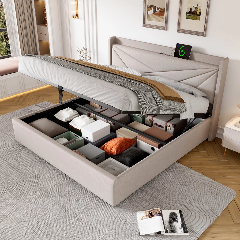 Letto matrimoniale contenitore 140x200 beige con testiera USB e Tipo-C