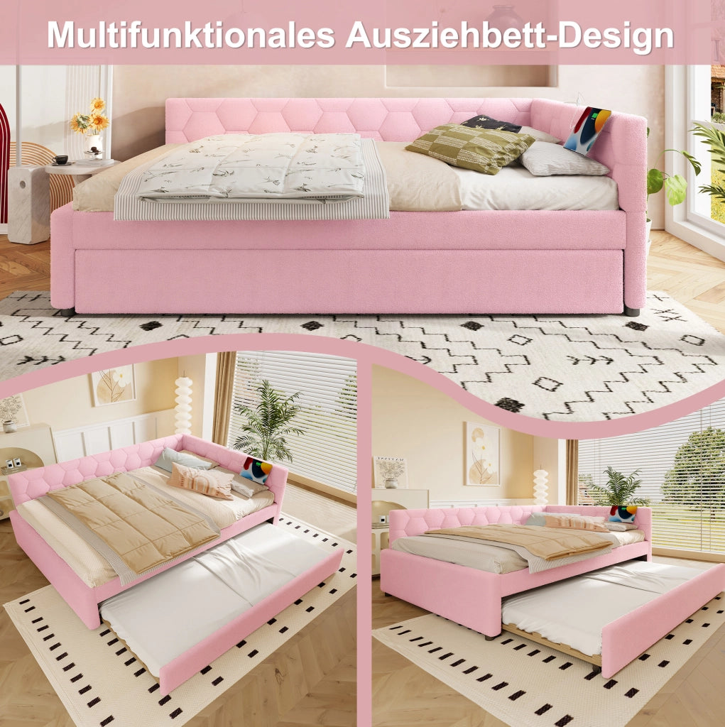 Daybed 140x200 cm con letto estraibile, USB e Type-C, lampada integrata, velluto rosa