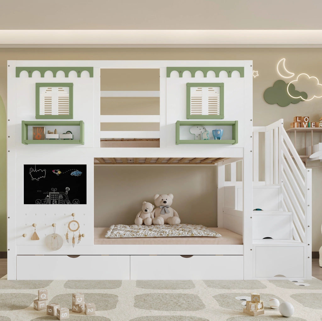 Letto a castello per bambini 90x200 cm con scala contenitore e cassetti; bianco e verde