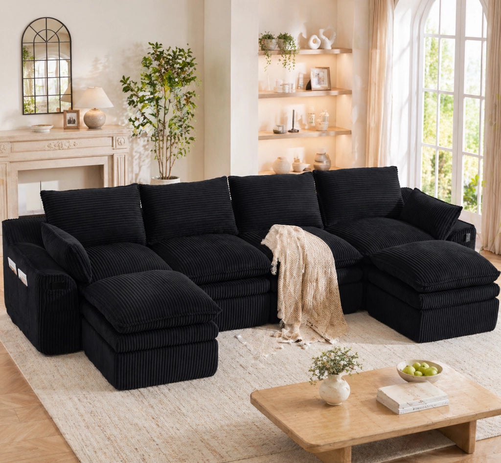 Divano modulare ULEVR 335x167x85 cm in velluto a coste nero con tasche laterali e cuscini
