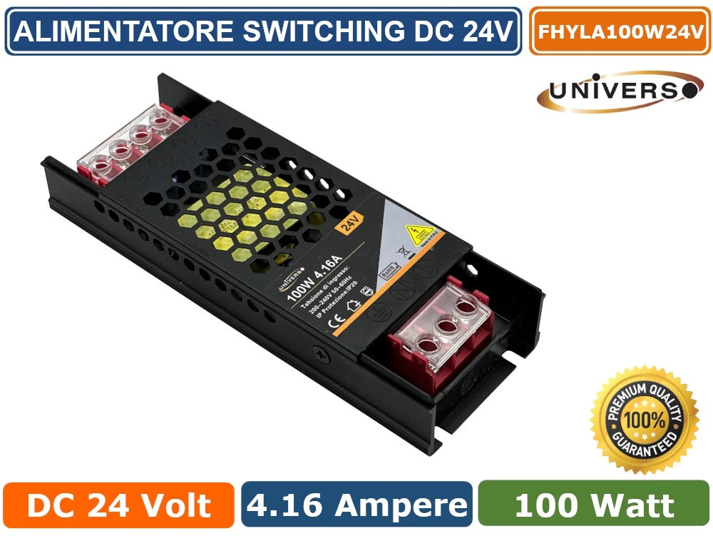 ALIMENTATORE SLIM METALLICO STABILIZZATO SWITCHING TRIMMER 220V-24V 4.16A 100 WATT COLORE NERO