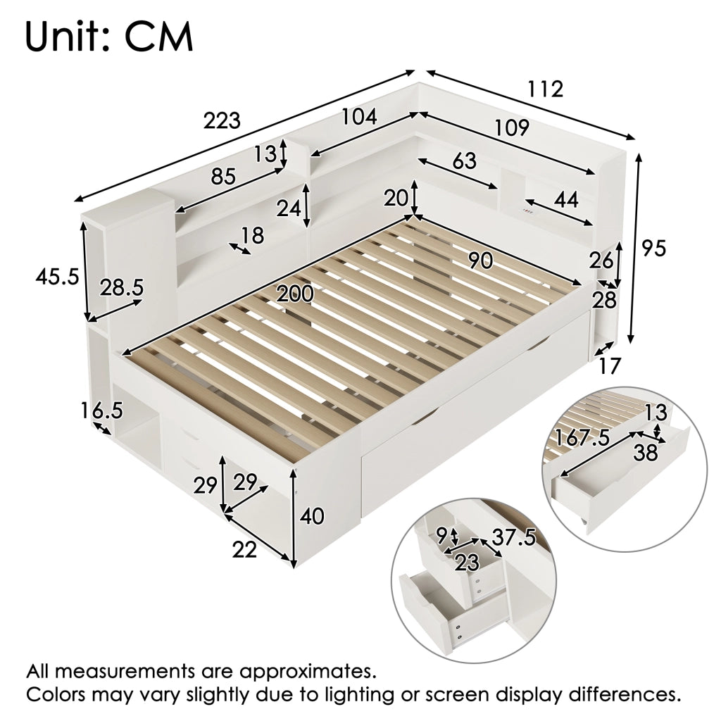 Letto singolo 90x200 cm in legno bianco con LED, USB e Type-C, contenitore e ripiani
