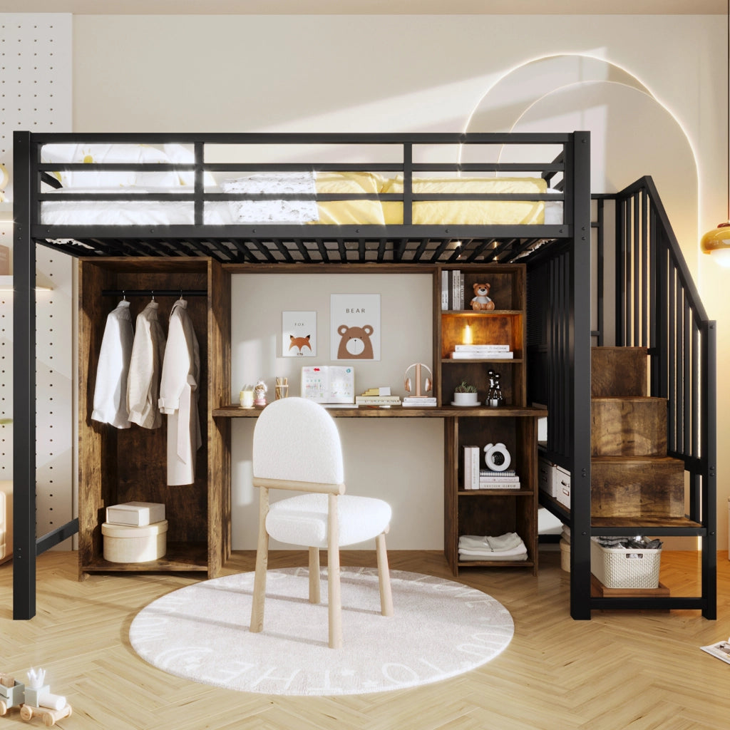 Letto a soppalco 90x200 cm nero con scrivania e armadio