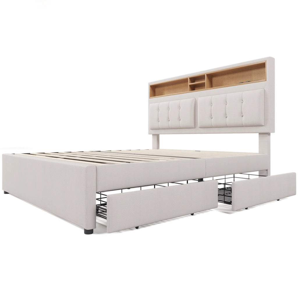 Letto matrimoniale 140x200 imbottito in lino con 4 cassetti
