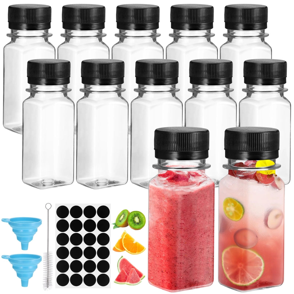 12 mini bottiglie in plastica PET da 60 ml, con tappo, riutilizzabili, colore nero