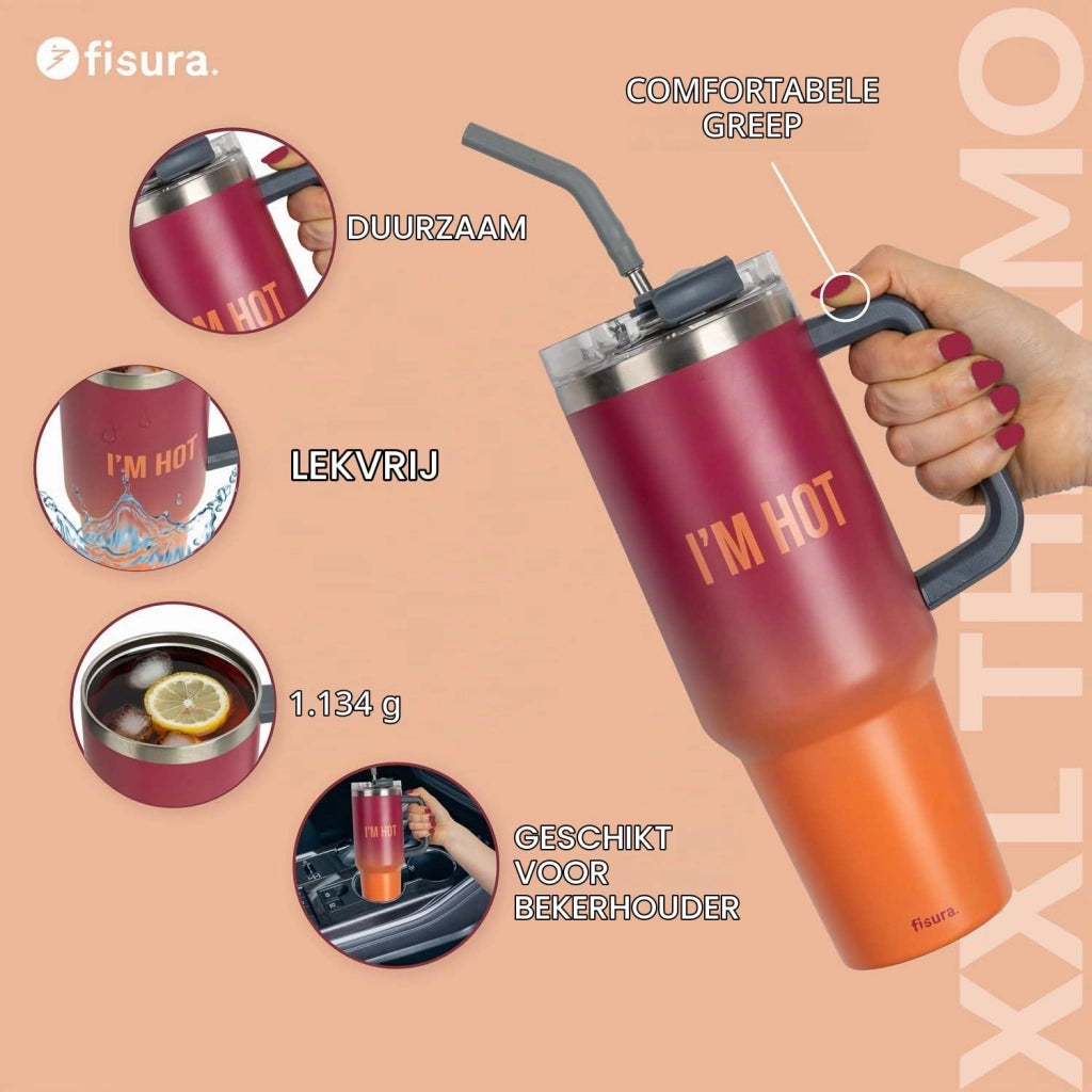 Borraccia termica 1,2 litri "I'm hot" – Grande thermos con sfumatura rosa, acciaio inossidabile, senza BPA, 24 ore freddo / 12 ore caldo, con cannuccia, 9,8 cm x 27,8 cm