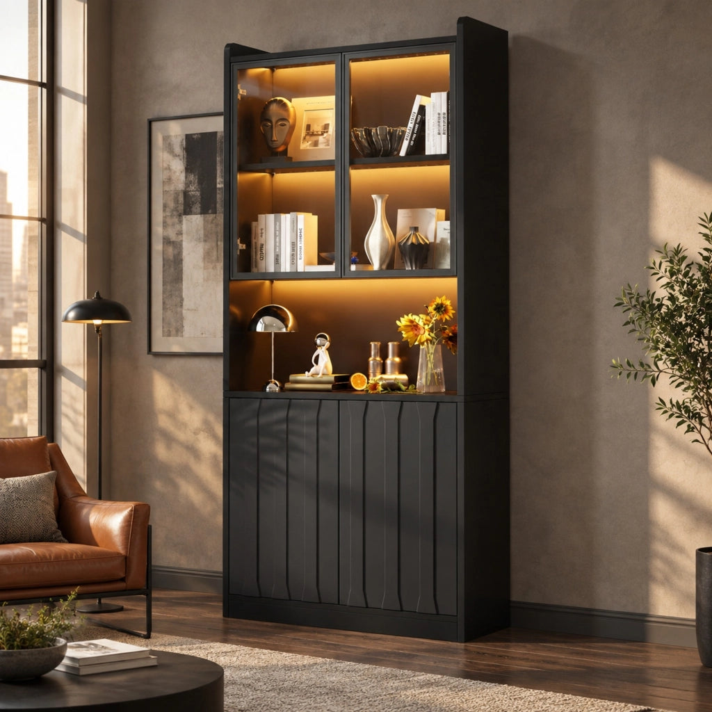 Vetrina alta 80x35x200 cm con 4 ante; LED Bluetooth e ripiani regolabili; nera