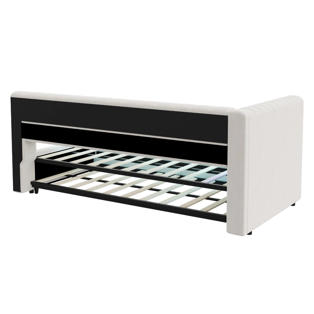 Letto imbottito estraibile con LED USB e Type C in velluto beige con rete a doghe e ripiani