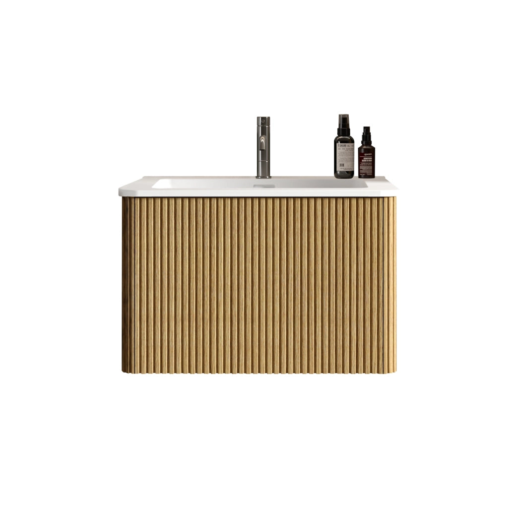 Mobile sottolavabo da bagno con lavabo 60 cm in MDF compensato e solid surface rovere con cassetti a pressione