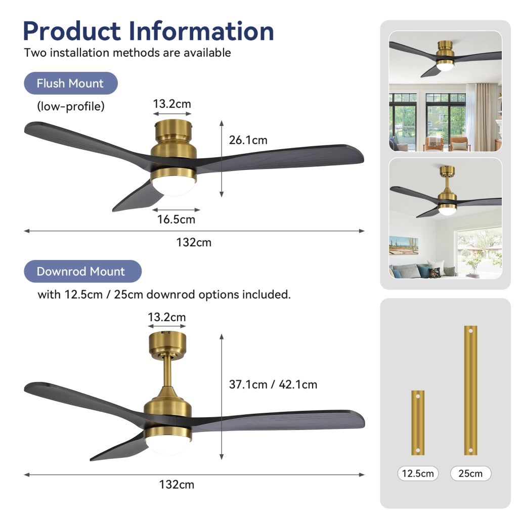 Ventilatore da soffitto con luce LED dimmerabile; motore DC reversibile; 6 velocità; telecomando e timer