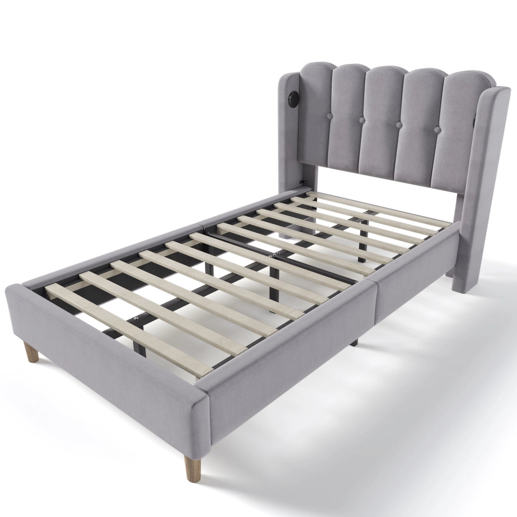 Letto singolo imbottito 90x200 cm grigio con ricarica USB-C