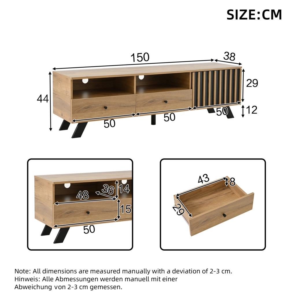 Set mobile TV 150 cm e credenza 120 cm con cassetti; naturale e nero