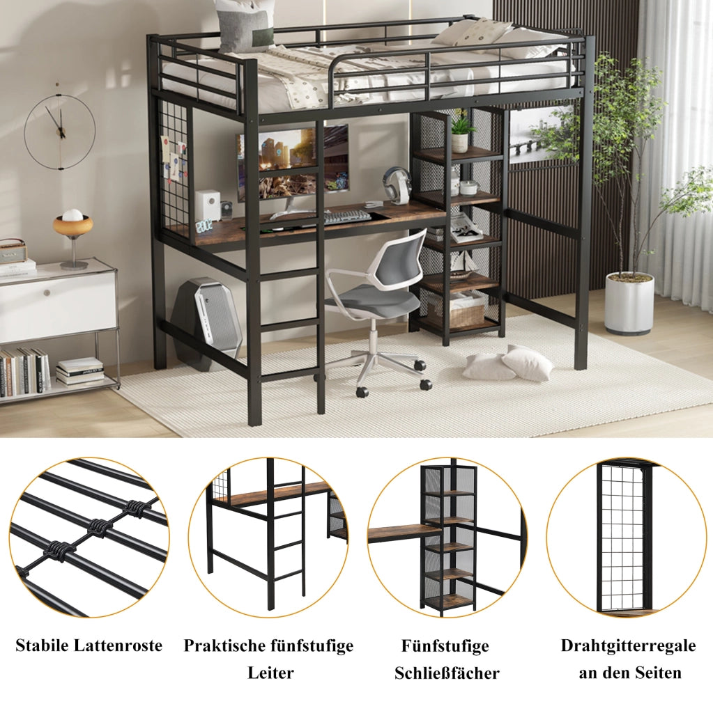 Letto a soppalco 90x200 cm con scrivania e scaffale in metallo e MDF nero