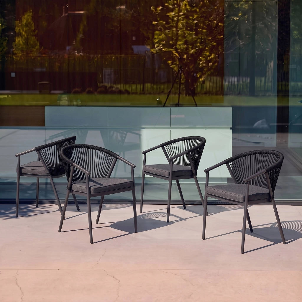 Set 4 sedie da giardino impilabili in acciaio e corde, nero