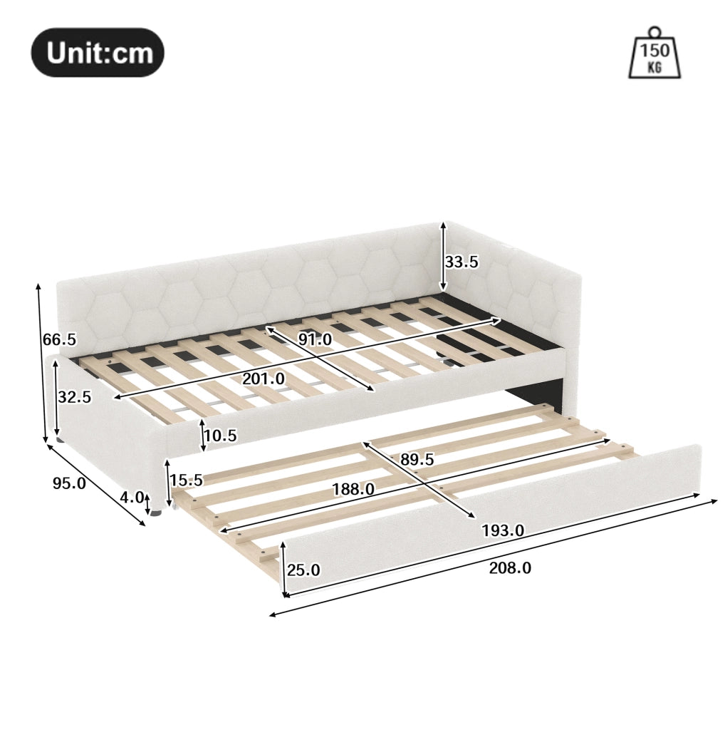 Letto daybed 90x200 cm con letto estraibile, USB, Type-C e lampada, bianco