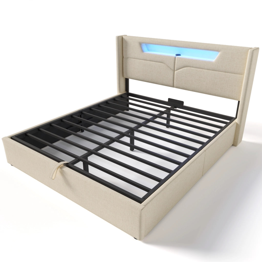 Letto matrimoniale contenitore 140x200 beige con luci LED