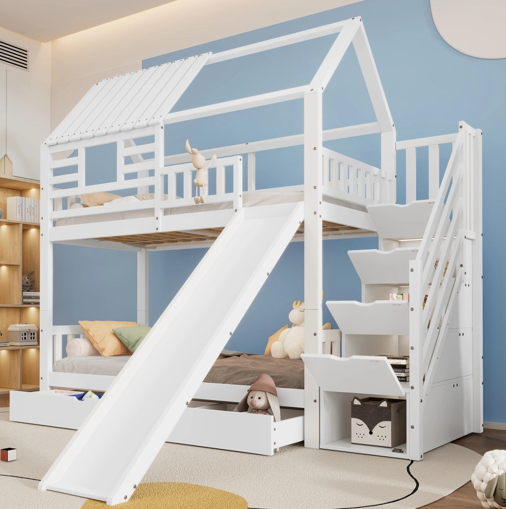 Letto a castello per bambini 90x200 cm con scala contenitore e scivolo; bianco