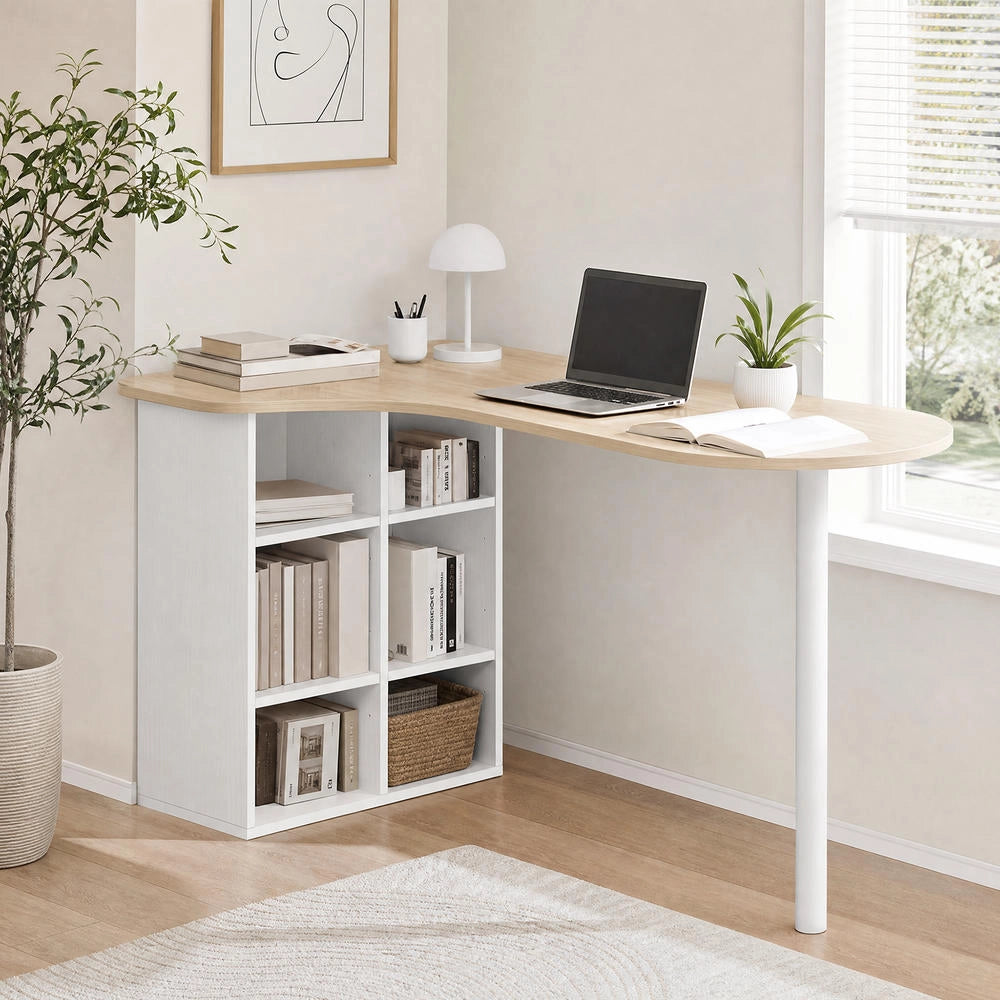Scrivania per Computer Moderna 100 x 59 cm Sagomata in Legno Rovere con 6 Ripiani Regolabili Tavolo Salvaspazio per Casa e Ufficio