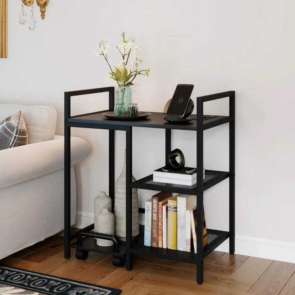 Printer Stand with Charging Station, 3-Tier Printer Table with Storage Shelves, Mobile Stand, Black
