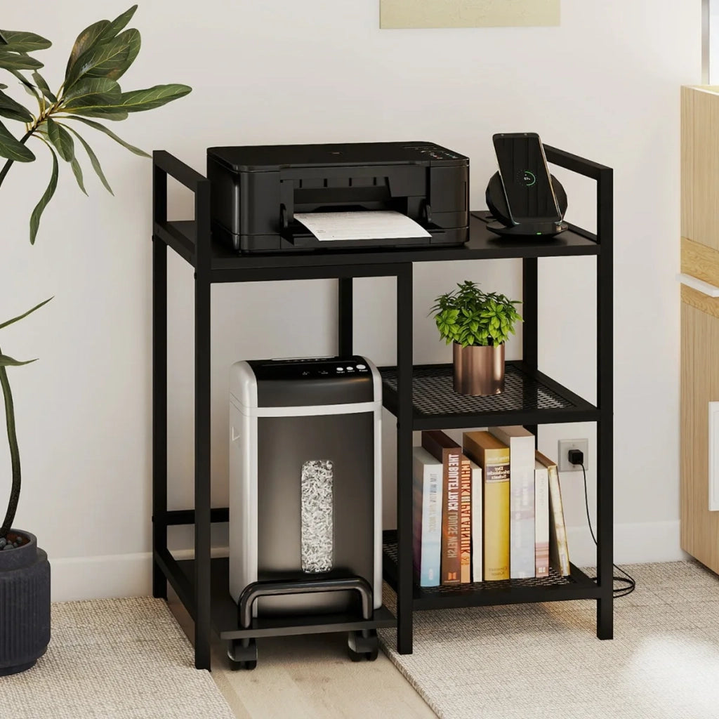 Printer Stand with Charging Station, 3-Tier Printer Table with Storage Shelves, Mobile Stand, Black