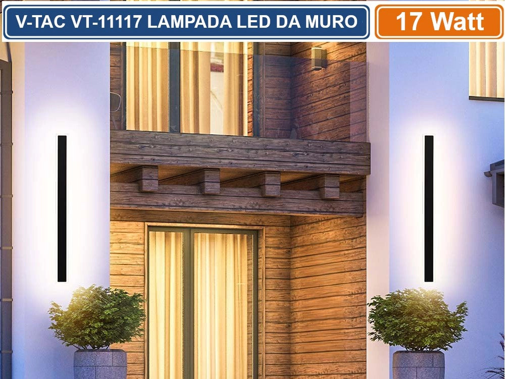 V-TAC VT-11117 LAMPADA LED DA MURO 17W WALL LAMP SMD APPLIQUE CRI≥90 IP65 COLORE NERO - Colore Luce:Bianco Caldo