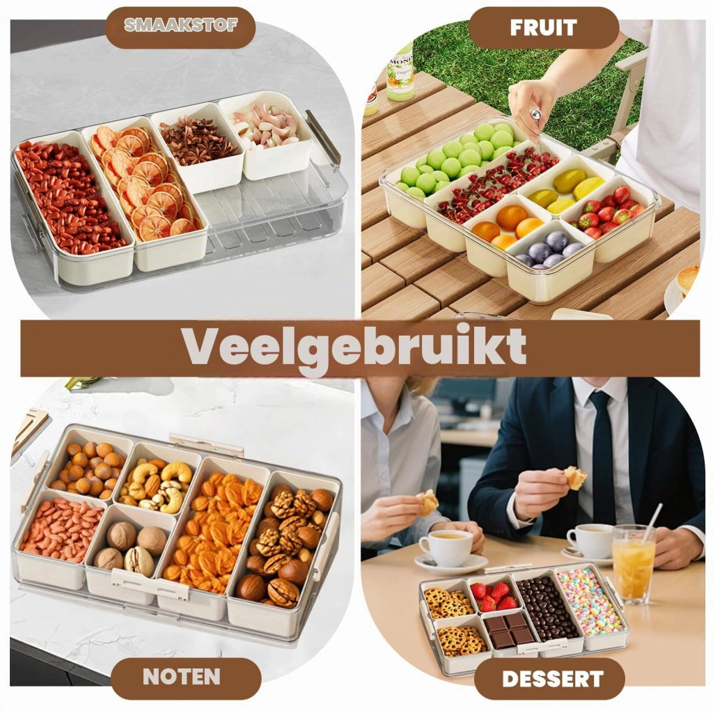 Contenitore per snack con 6 scomparti, coperchio, maniglia e 4 forchette, portatile