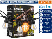 WISDOM XC-3528 CATENARIA LUMINOSA 10MT CON 10 PORTALAMPADE E27 CAVO NERO PROLUNGABILE FINO A 50MT DA ESTERNO IP54