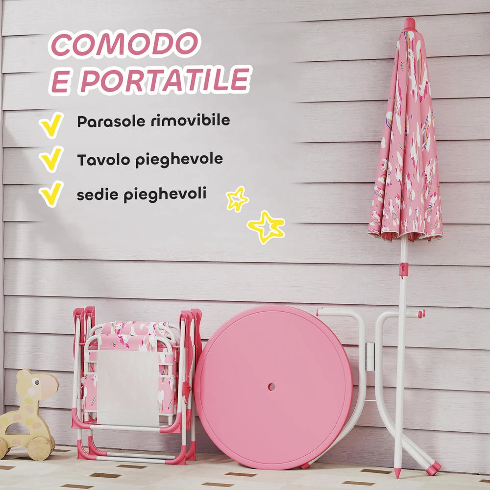 Set Tavolo da Picnic per Bambini con Sedie e Ombrellone Rosa Pratico e Resistente per Giardino