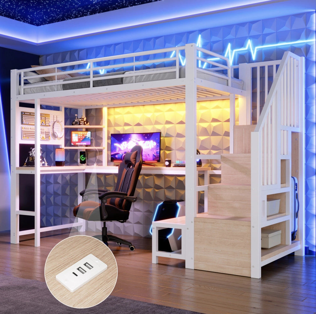 Letto a soppalco 90x200 cm con scrivania, LED e ricarica USB