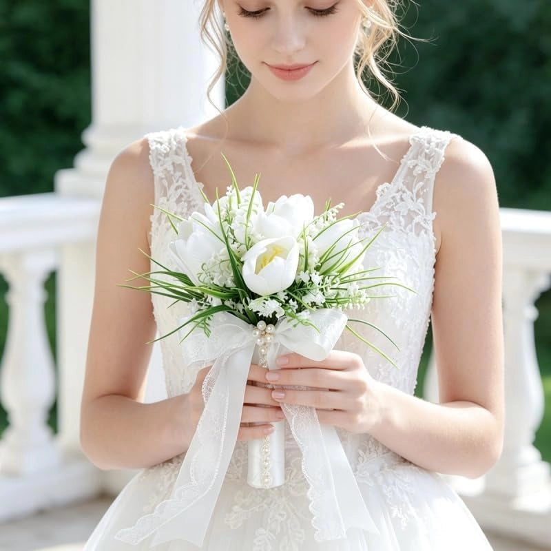 Bouquet artificiale, con tulipani e campanule, 9,8 pollici, colore bianco