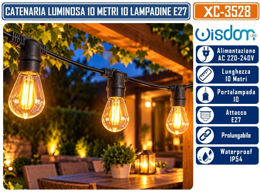 WISDOM XC-3528 CATENARIA LUMINOSA 10MT CON 10 PORTALAMPADE E27 CAVO NERO PROLUNGABILE FINO A 50MT DA ESTERNO IP54