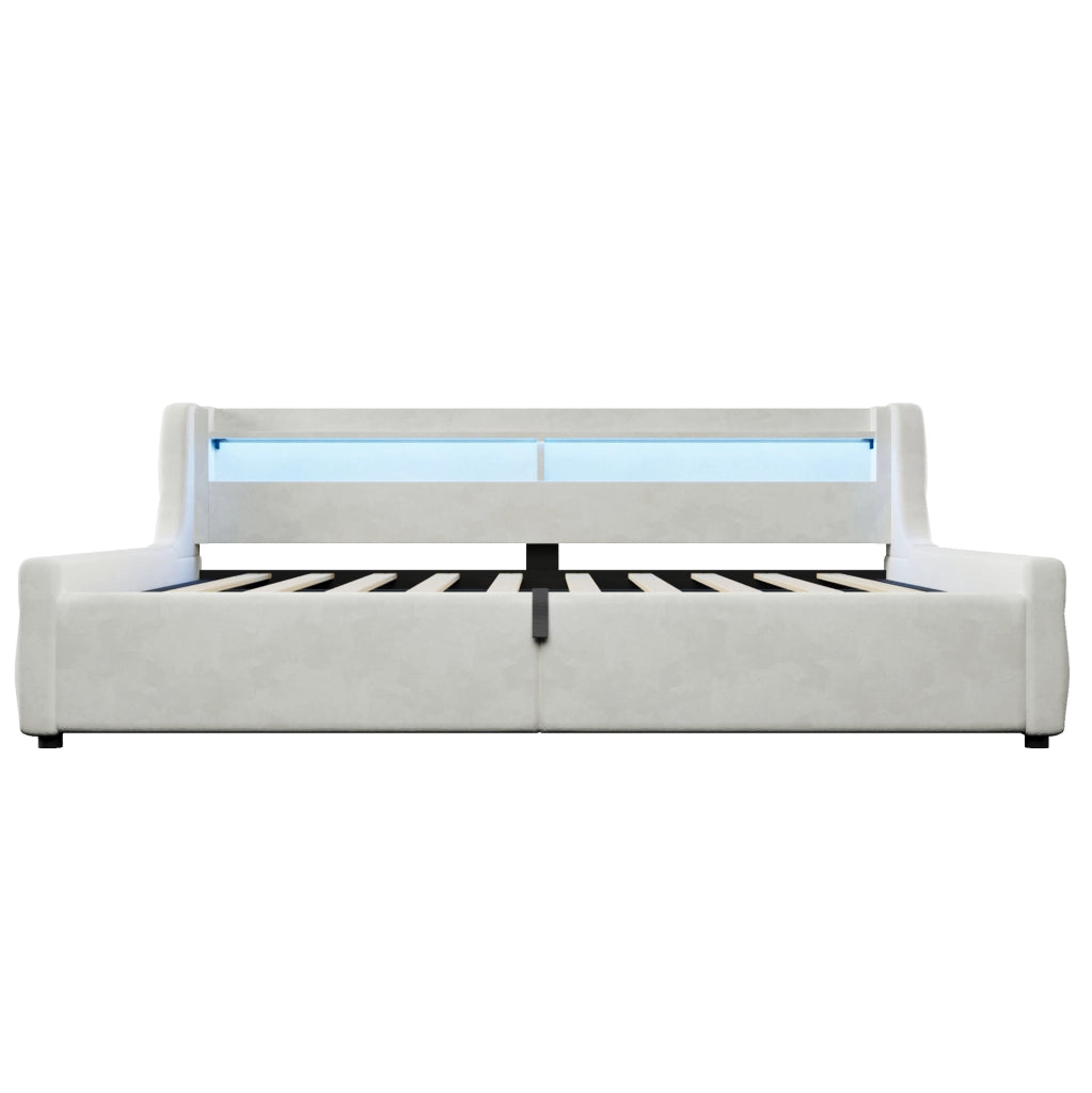 Letto imbottito 140x200 cm con contenitore idraulico e LED, bianco sporco