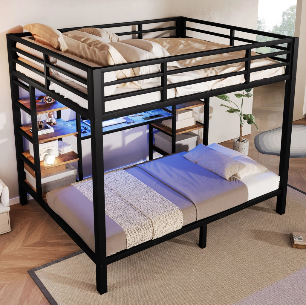 Letto a castello in metallo con LED e ricarica USB, nero