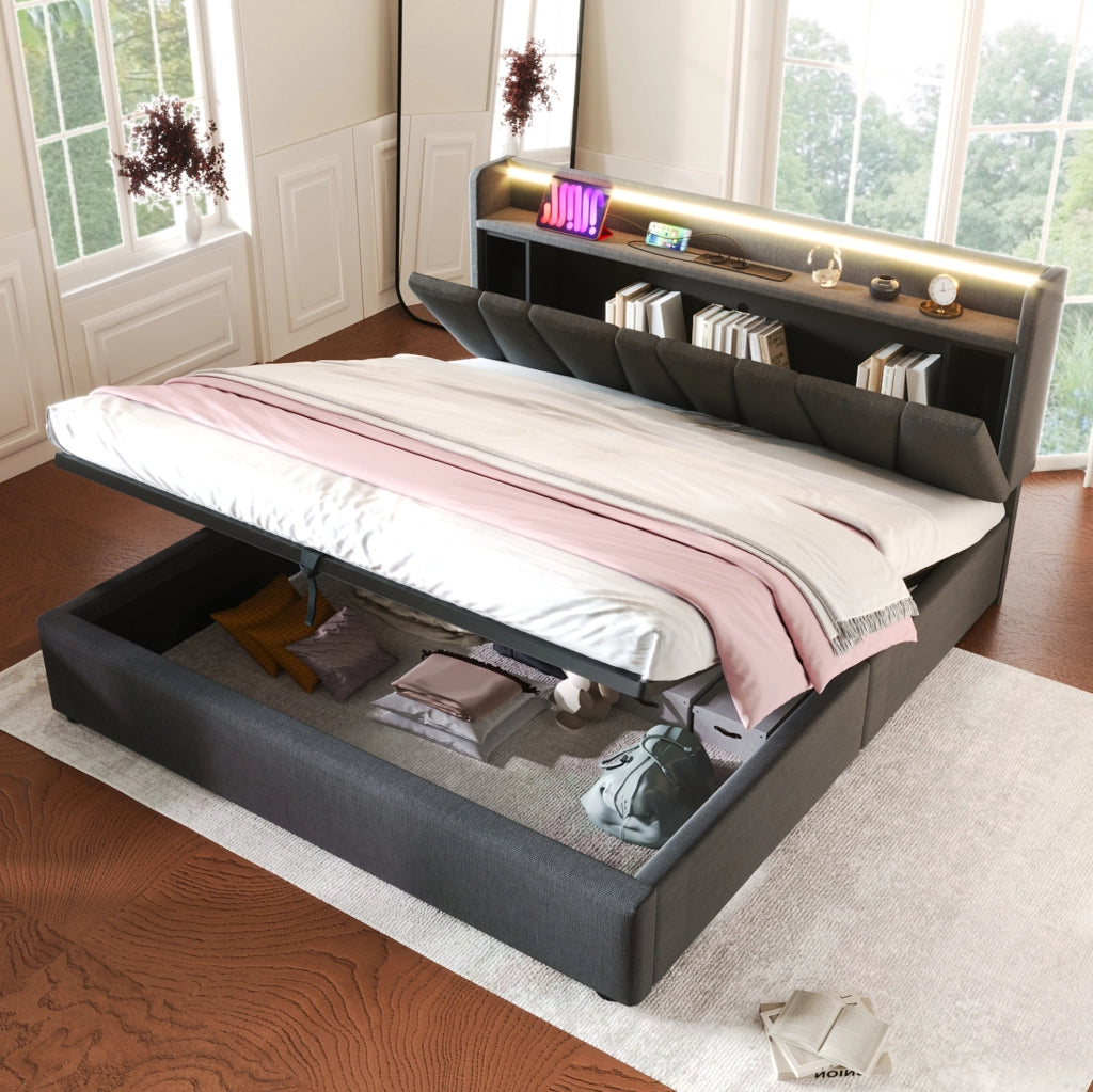 Letto contenitore 140x200 cm grigio con LED RGBW e prese USB