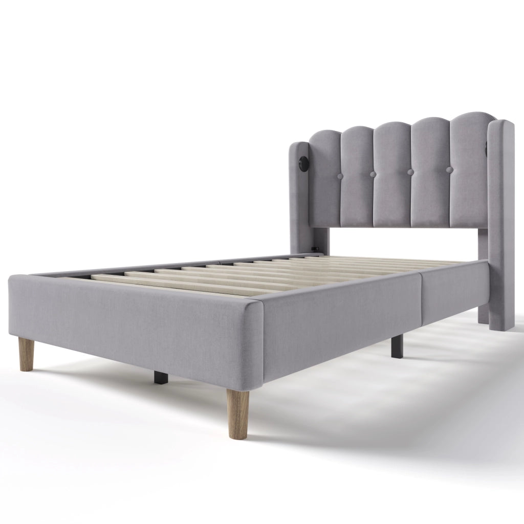 Letto singolo imbottito 90x200 cm grigio con ricarica USB-C