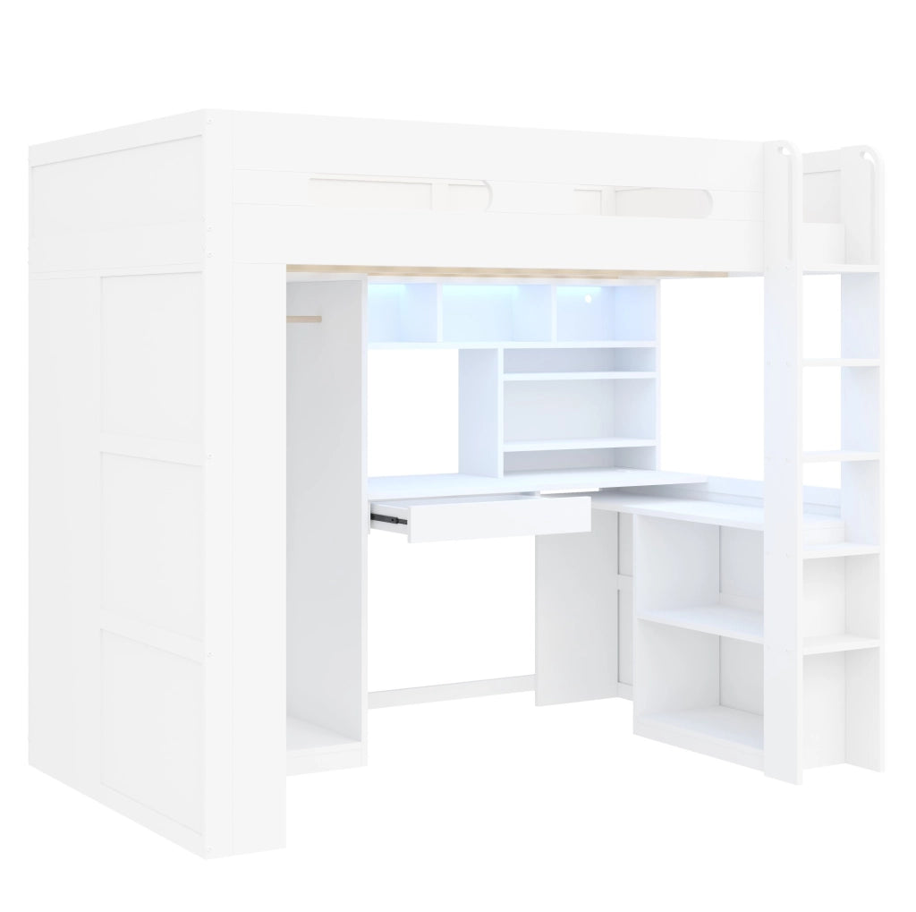 Letto a soppalco 90x200 cm con scrivania, armadio e LED bianco