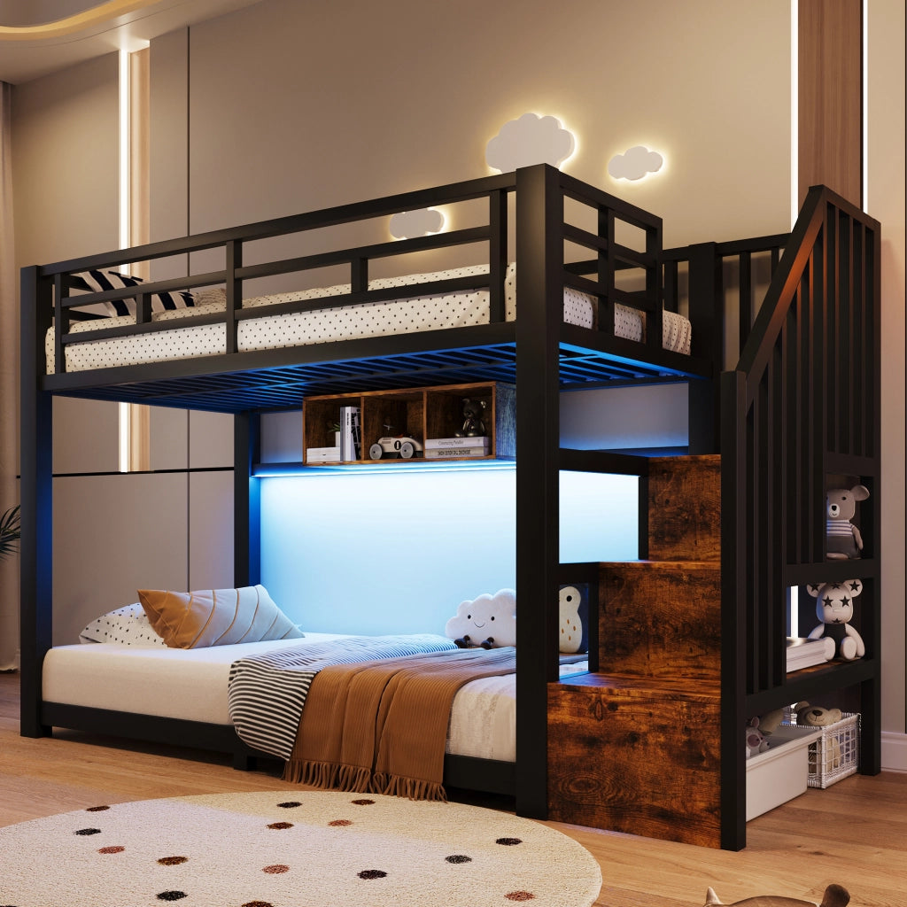 Letto a castello 90x200 cm con scala contenitore e luci LED