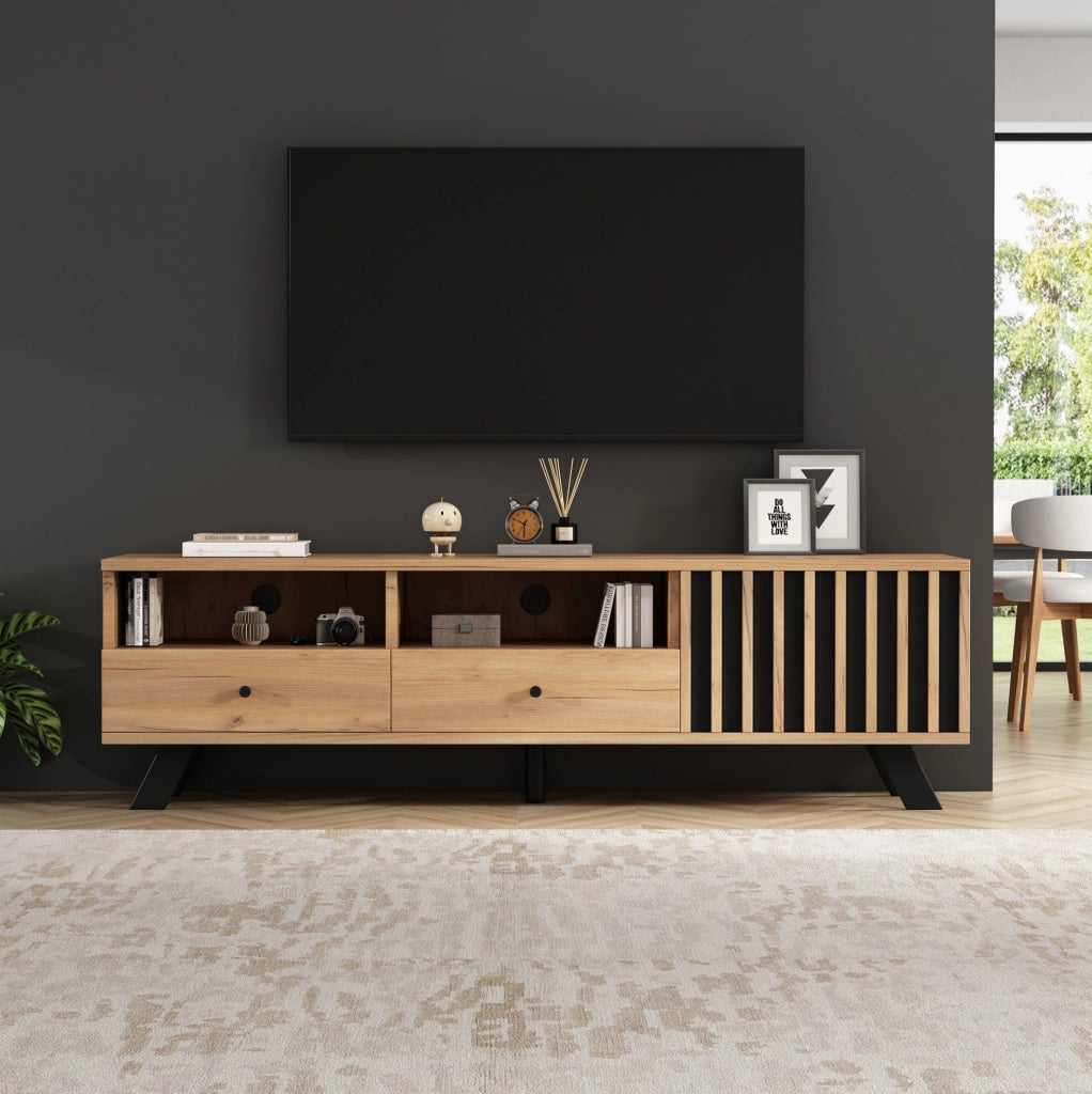 Set mobile TV 150 cm e credenza 120 cm con cassetti; naturale e nero