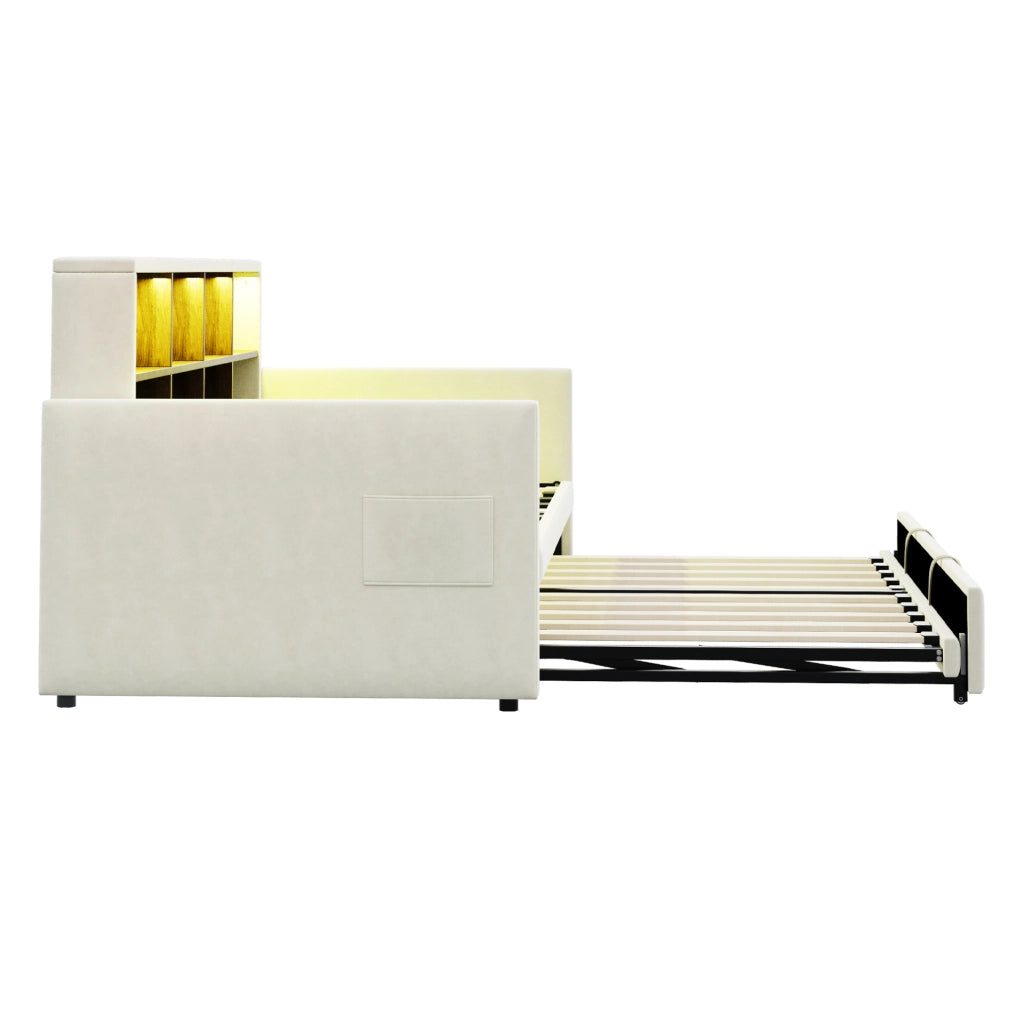 Divano letto imbottito 90x190 cm con contenitore, LED e prese integrate, velluto beige