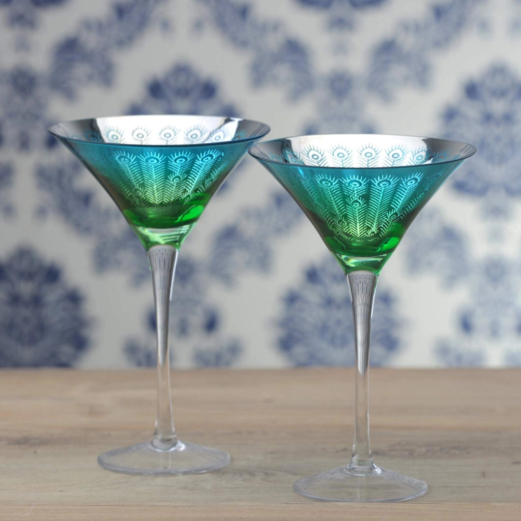 2 bicchieri da martini a forma di pavone, multicolore, soffiati a bocca